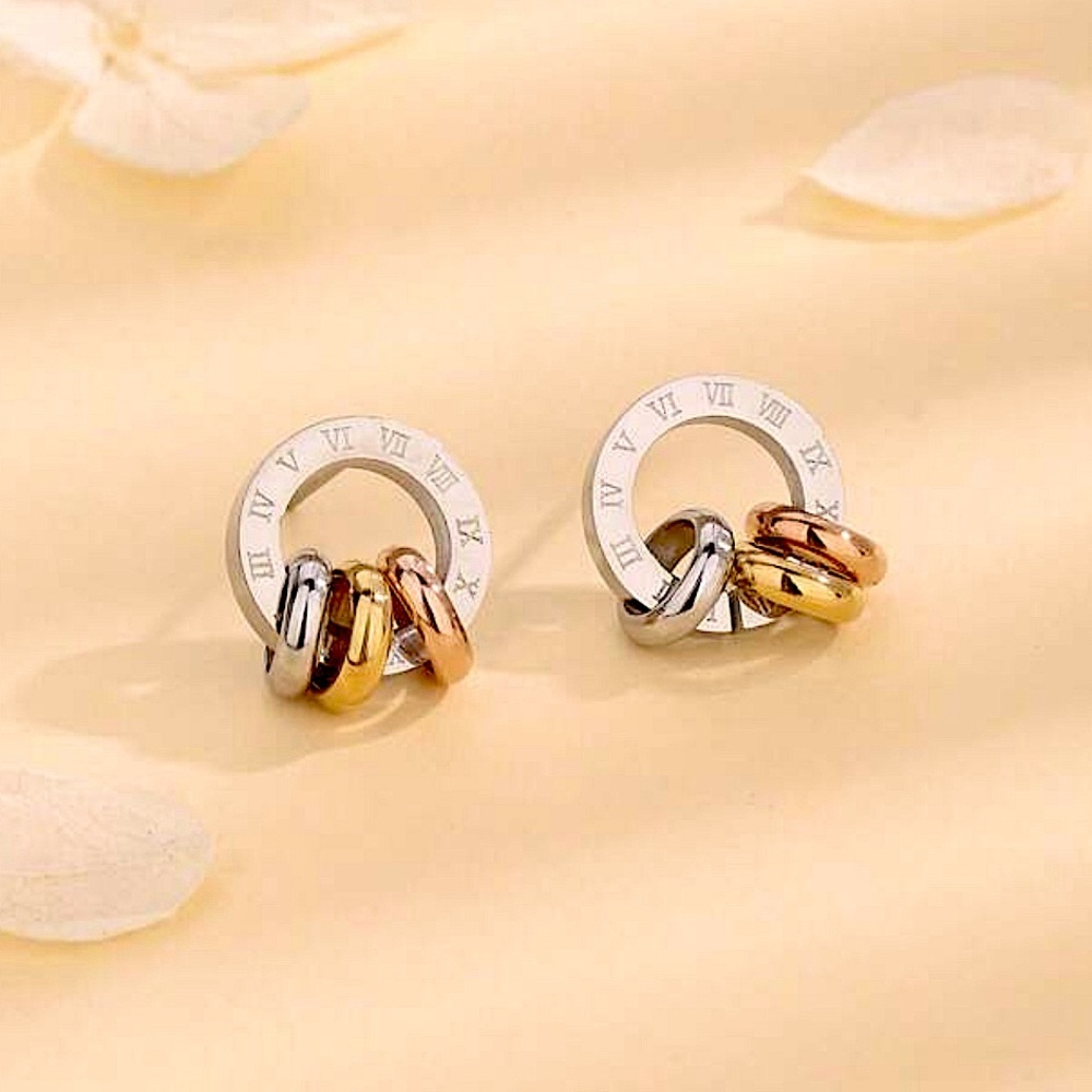 Three-Layered Roman Numeral Circle Earrings With Titanium Steel